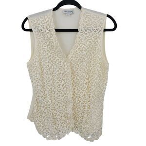 Vtg Ivory‎ Lace Vest Sz M Button Front Sheer Tie Back Soft Girl Granny Cottage